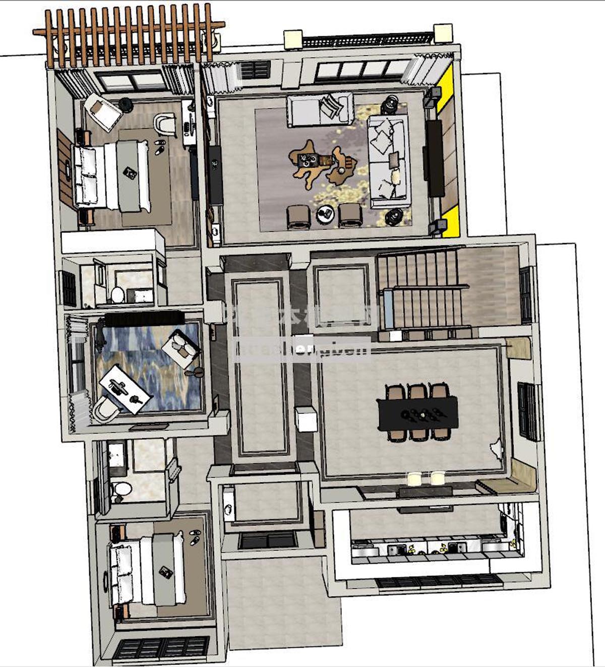 现代整体家装家居空间su草图模型下载