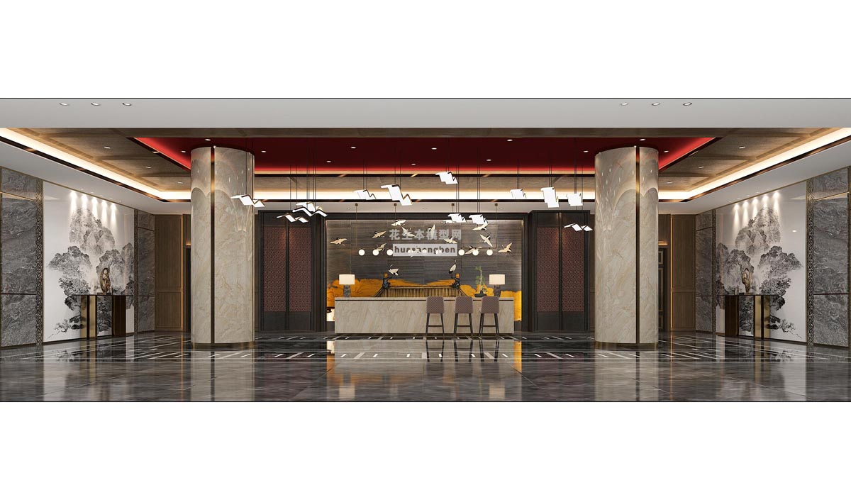 中式酒店会所大堂大厅3d模型下载(1)