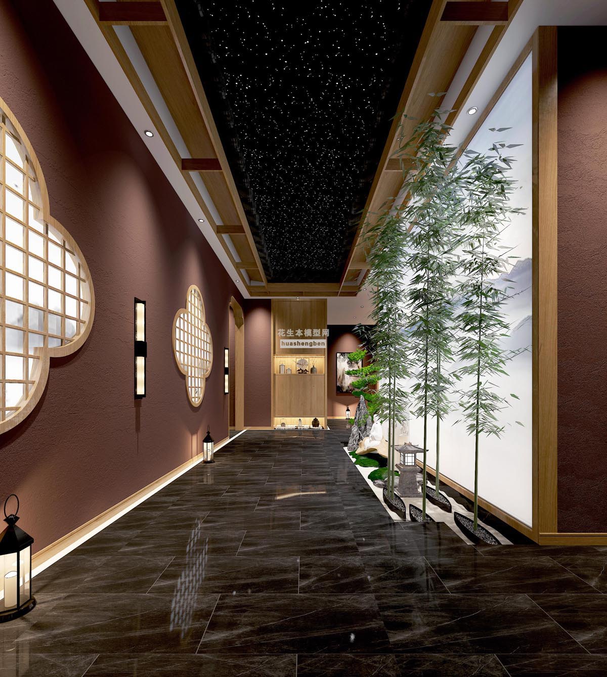 新中式酒店会所走廊3d模型下载