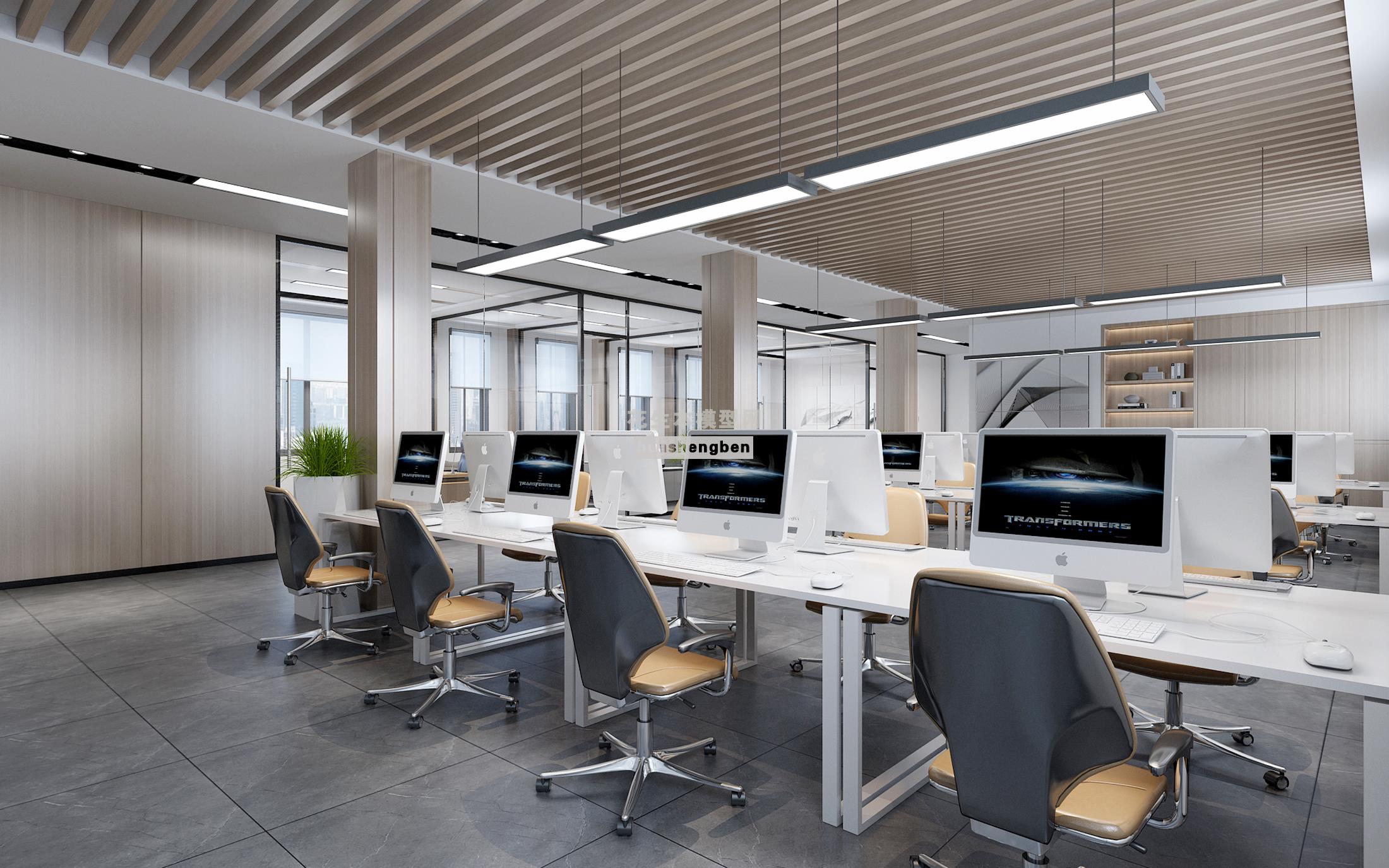 现代开敞开放办公区员工工位会议室办公室接待大厅3d模型下载