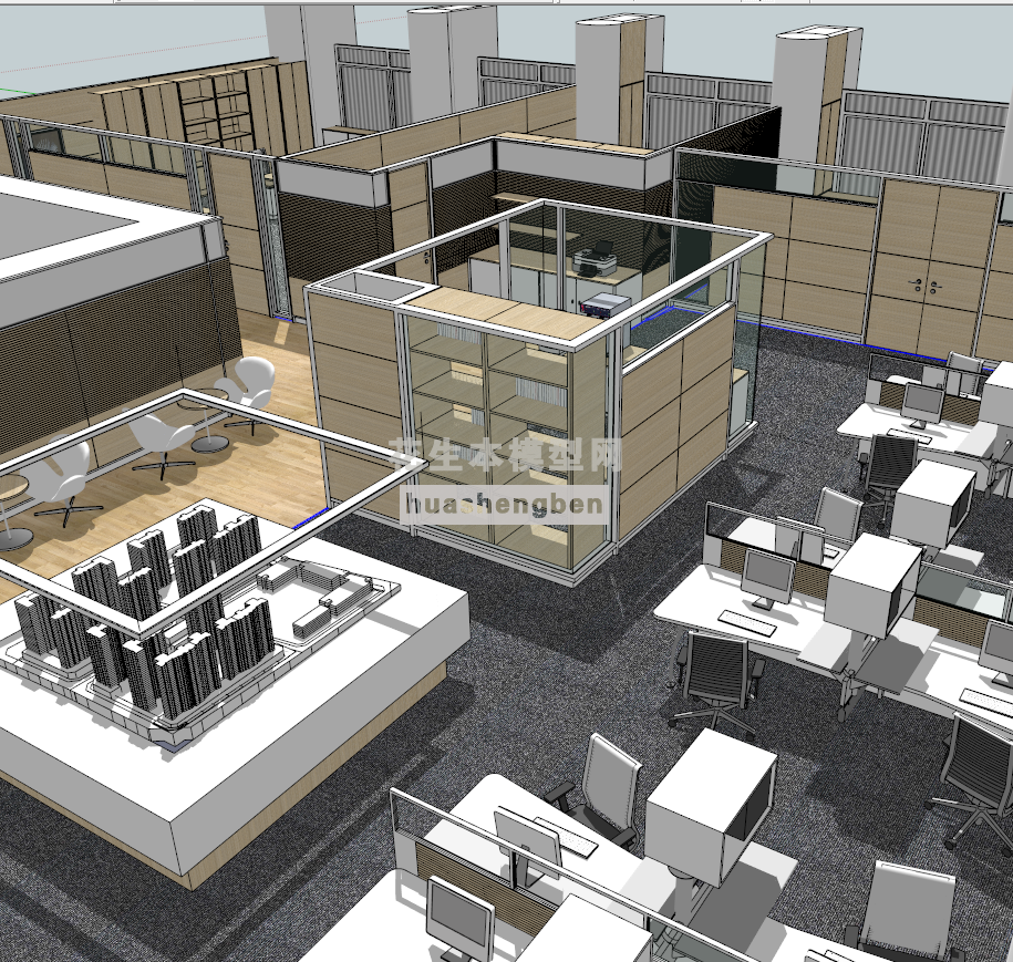 现代办公室开敞开放办公区员工工位总经理办公室su草图模型下载