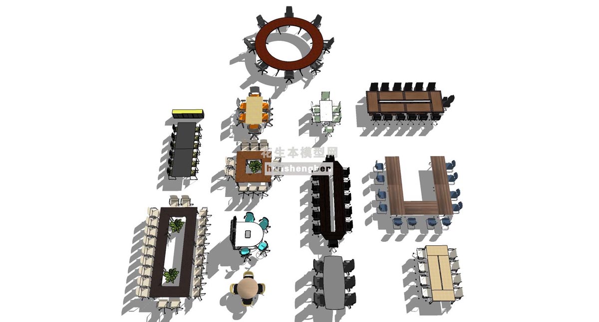 圆形方形大会议室桌椅子su草图模型下载(1)
