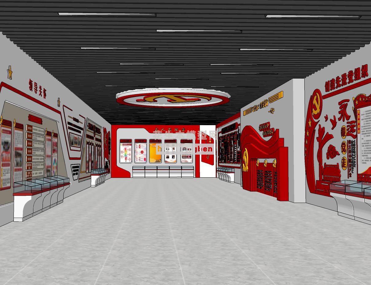现代党建文化展厅展馆展示墙su草图模型下载(1)