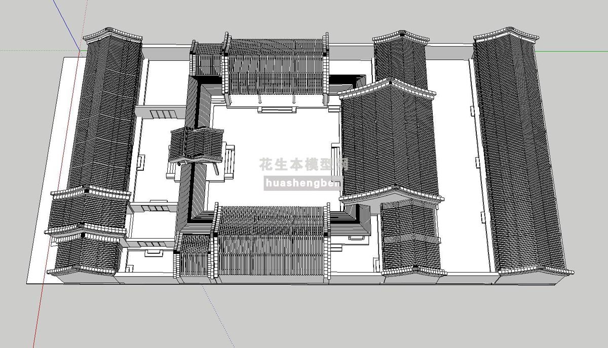 中式古建四合院su草图模型下载(1)