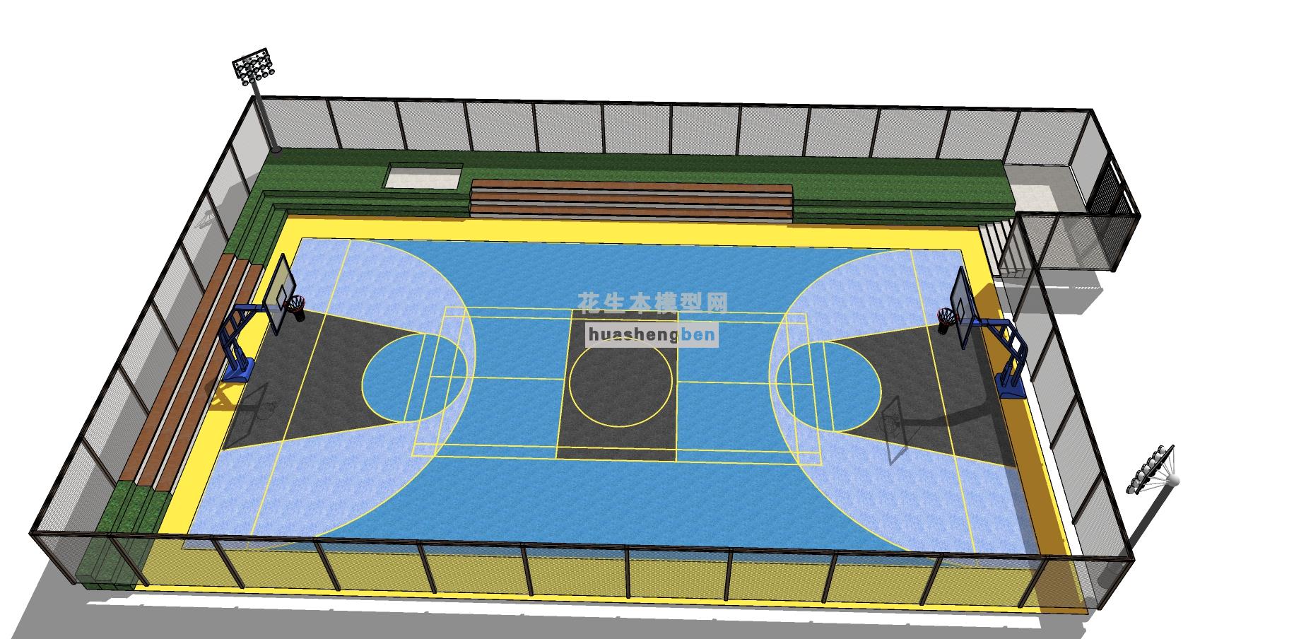 室外篮球场篮球馆运动场铁网护栏探照灯su草图模型下载