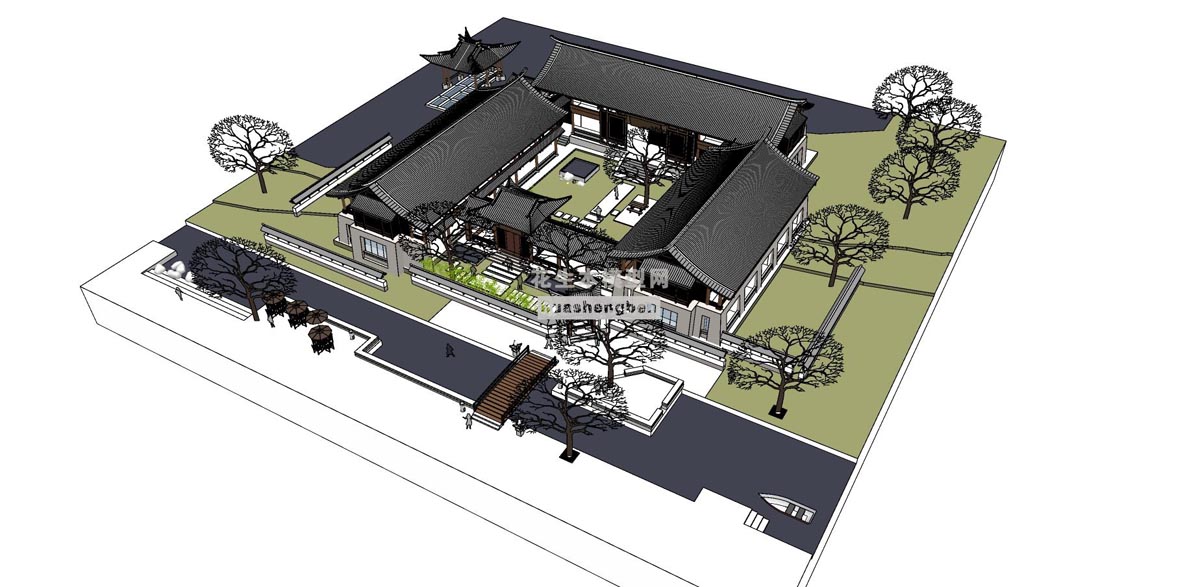 中式四合院别墅庭院景观su草图模型下载(1)