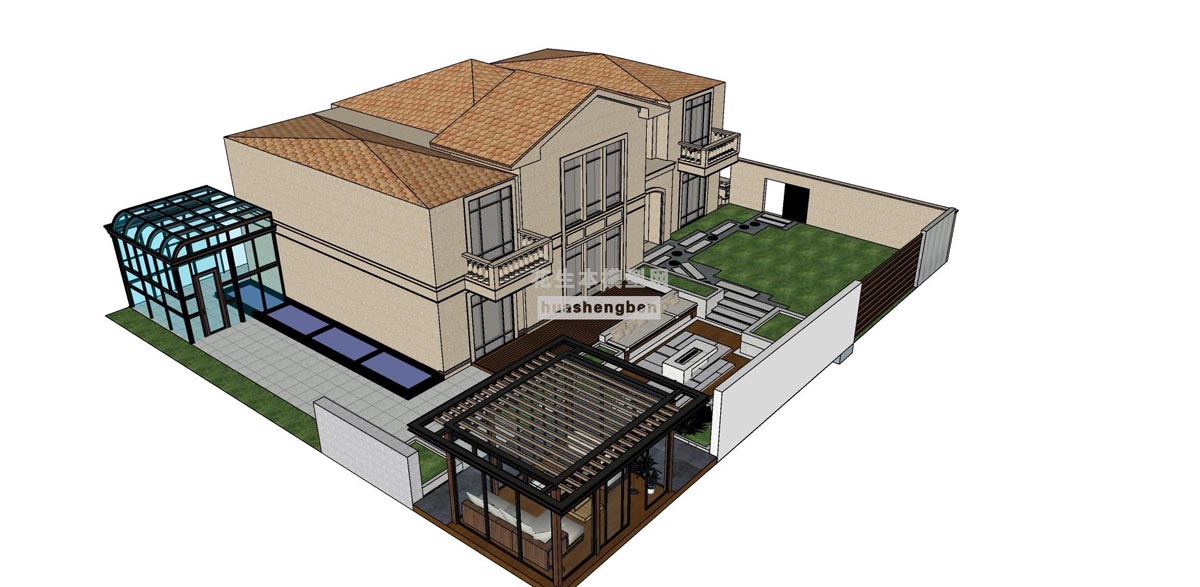 美式乡村别墅洋房新农村民居民宅美式欧式庭院su草图模型下载(1)