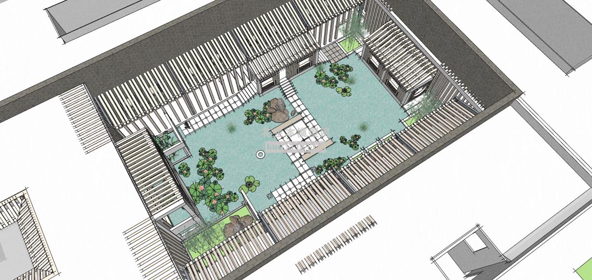 中式四合院度假村民宿中式庭院景观水池su草图模型下载(1)