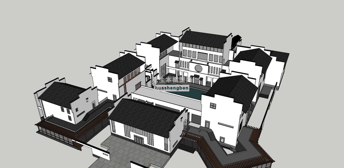 徽派四合院别墅会所马头墙度假村徽派建筑民宿回廊走廊su草图模型下载(1)