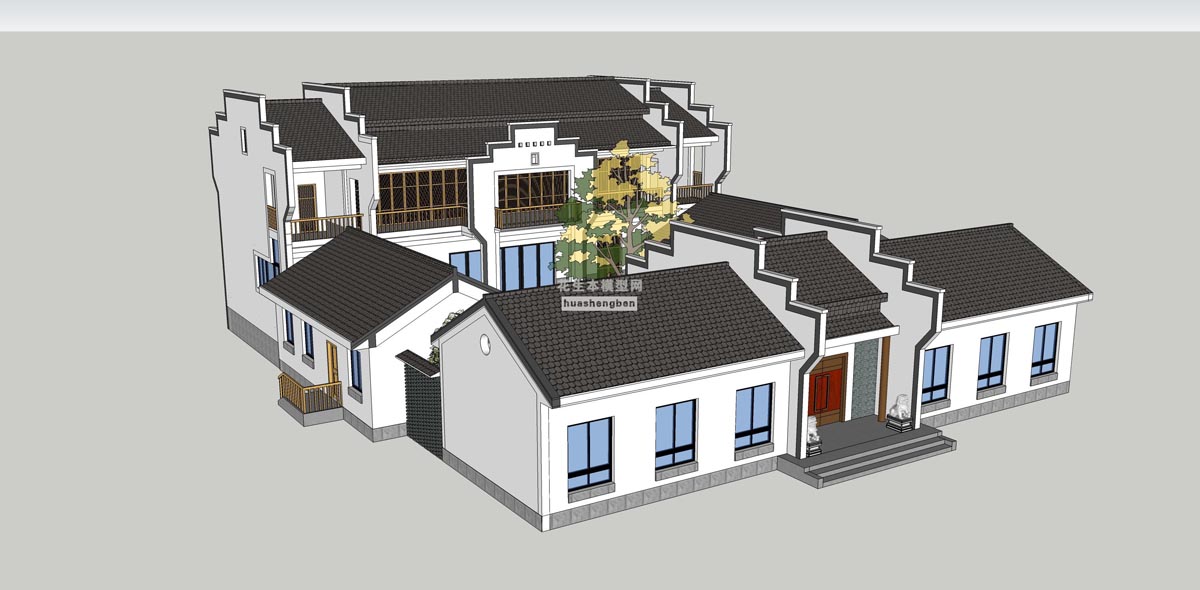 中式风格四合院中式庭院景观中式门头大门徽派建筑农家院徽派马头墙民宅民居民宿院墙大门门头su草图模型下载(1)