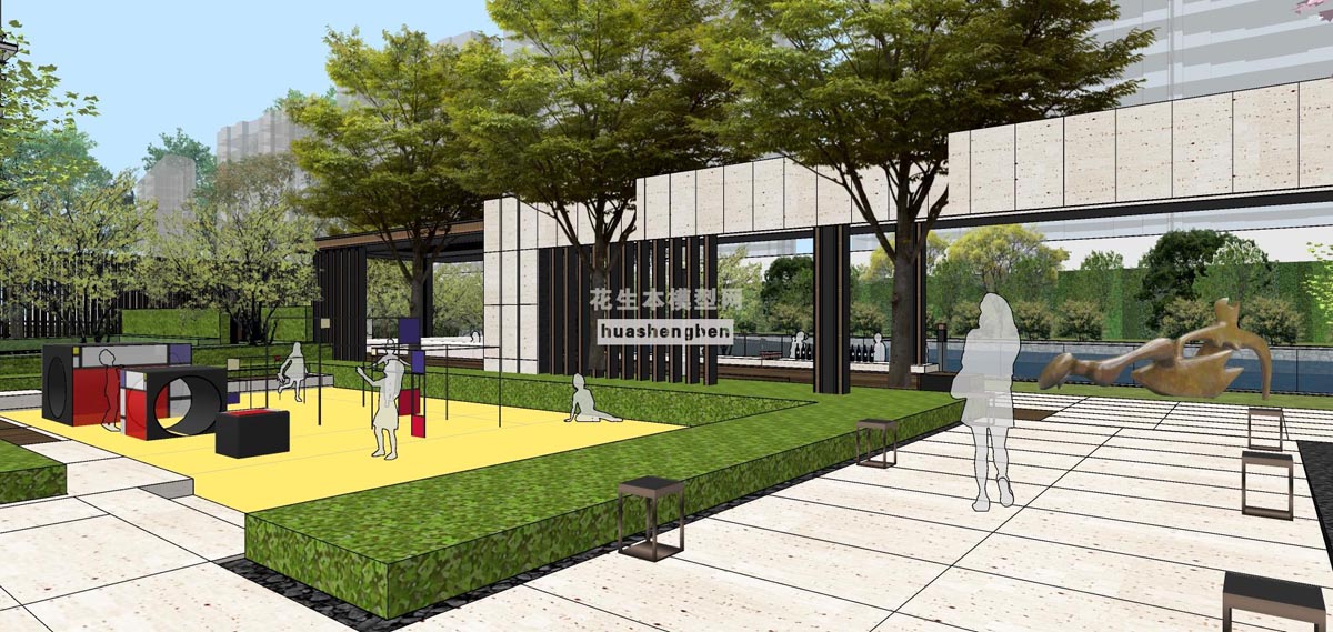 中式风格多层商业建筑售楼处别墅庭院景观花园树su草图模型下载(1)