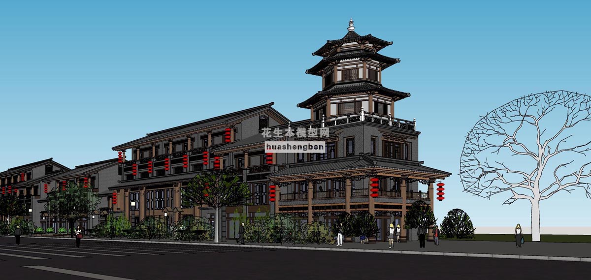中式建筑商业街沿路中式商业街区酒吧餐厅中式塔楼su草图模型下载(1)