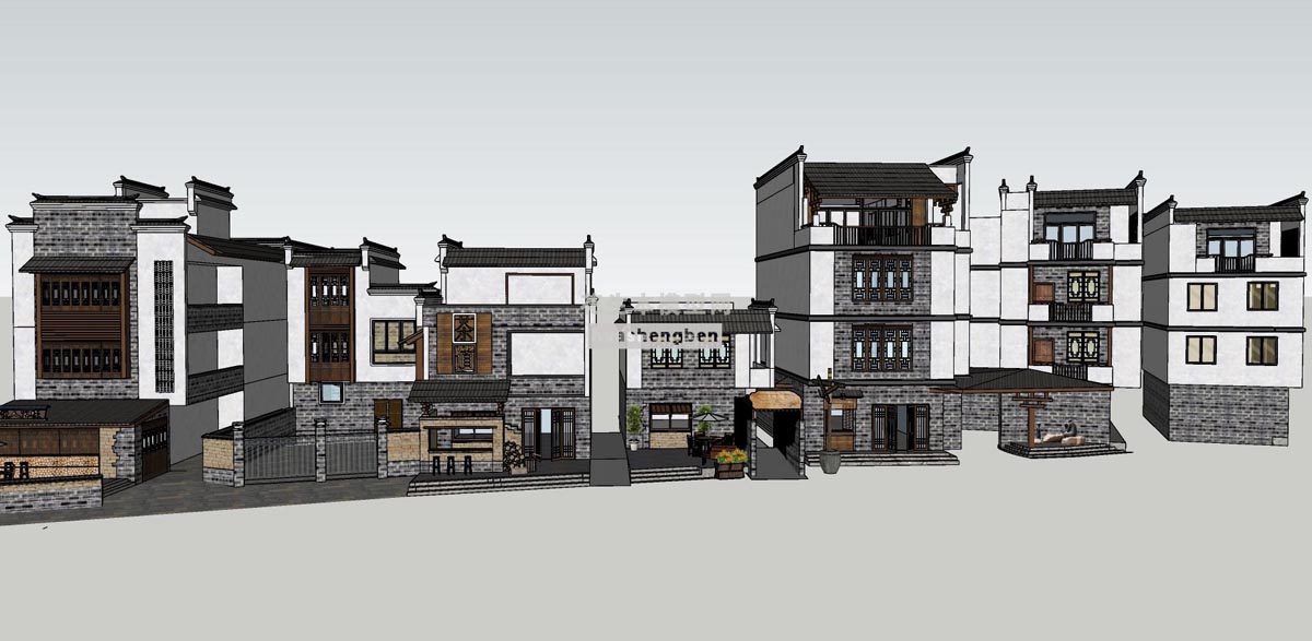 中式老街中式新农村建筑茶楼民宿度假小镇su草图模型下载(1)