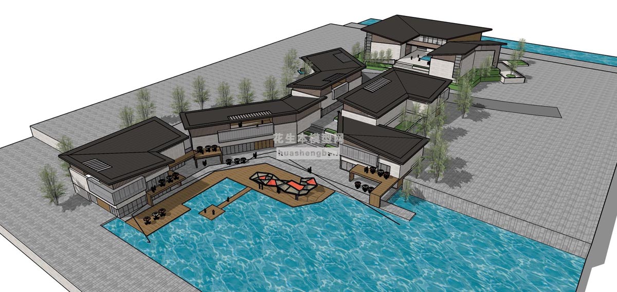 中式商业街中式商业街区休闲度假小镇民宿酒店游泳池中式建筑群su草图模型下载(1)