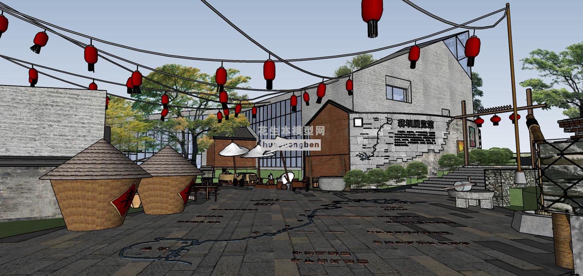 中式临街商业建筑群落中式景观中式景点商业街区民宿农家院特色旅游小镇su草图模型下载(1)