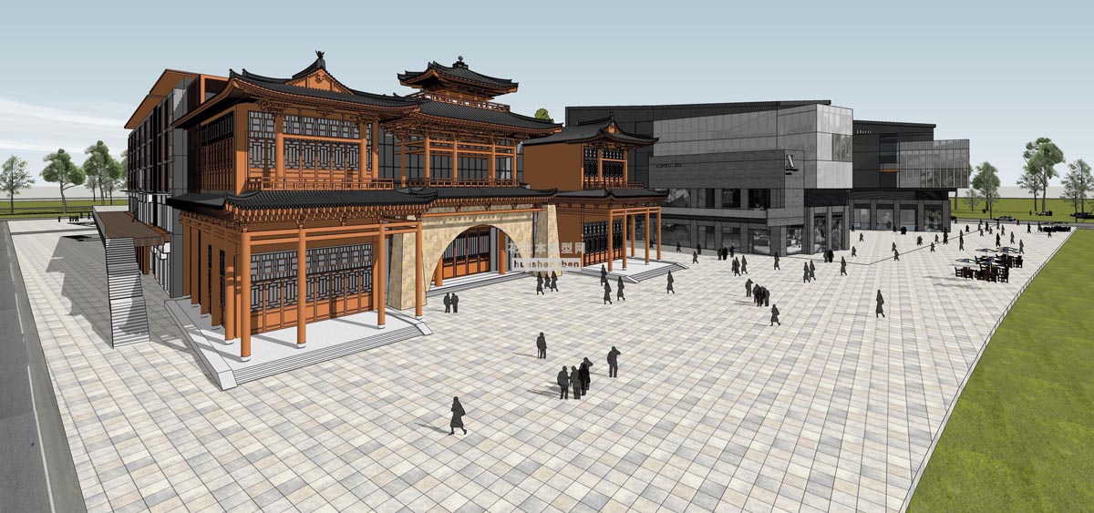 中式商业街中式城楼商业建筑工业风商业街区商业街步行街su草图模型下载(1)