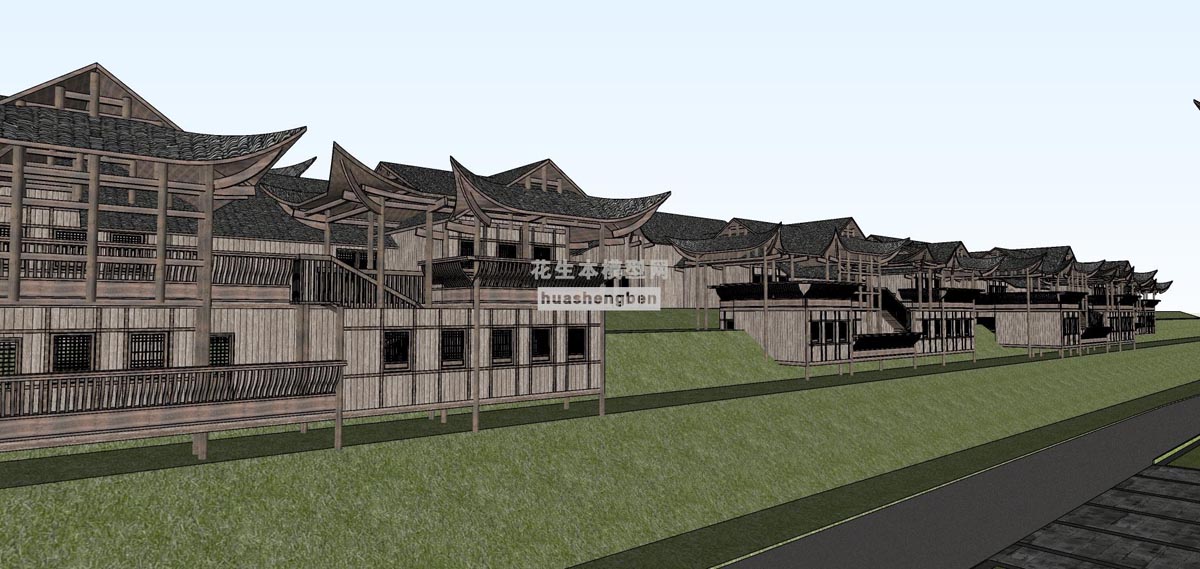中式商业景点旅游度假景点吊脚楼民居建筑度假村su草图模型下载(1)