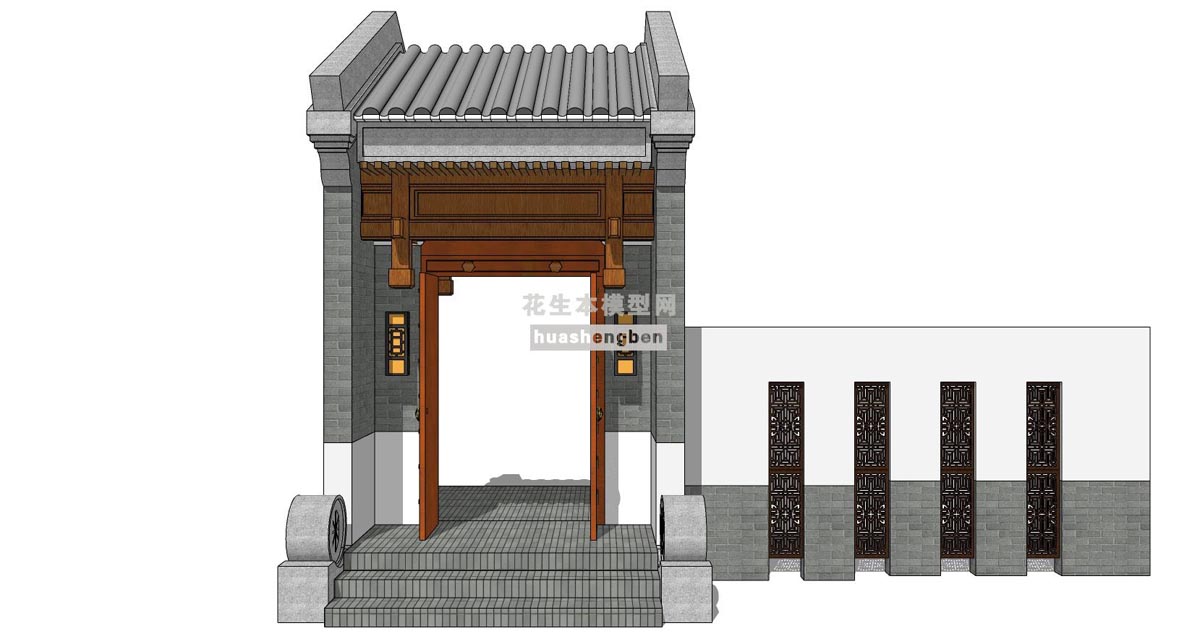 中式别墅庭院建筑大门门楼院墙门头su草图模型下载(1)