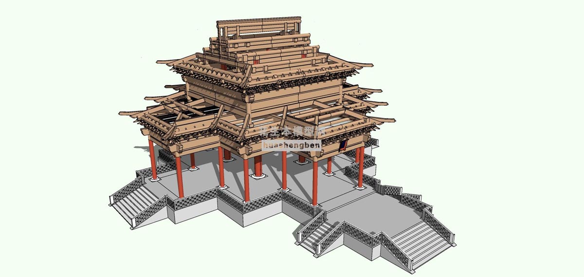 中式古建殿堂梁框架中式构件大雄宝殿阁楼寺庙大殿宝殿钟楼鼓楼中式风格风景名胜su草图模型下载(1)