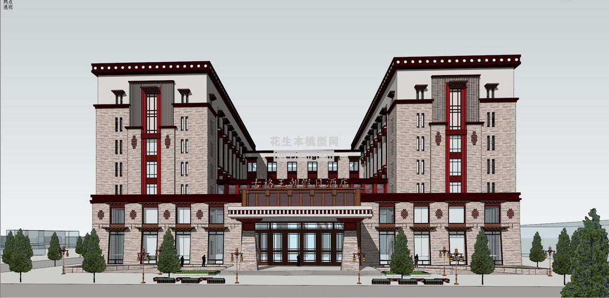 藏式酒店建筑外观su草图模型下载