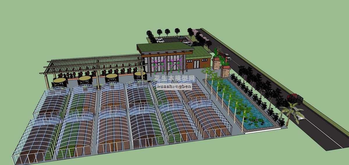 现代风格农场家庭农场蔬菜基地都市农园采摘园新农村采摘基地温室大棚阳光房蔬菜大棚农村小屋农家小院乡村民宿su草图模型下载(1)