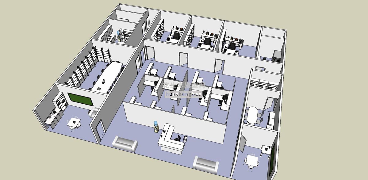 工厂办公室厂房办公区工位办公桌前台会议桌会议室电脑办公桌椅茶水间储物间su草图模型下载(1)