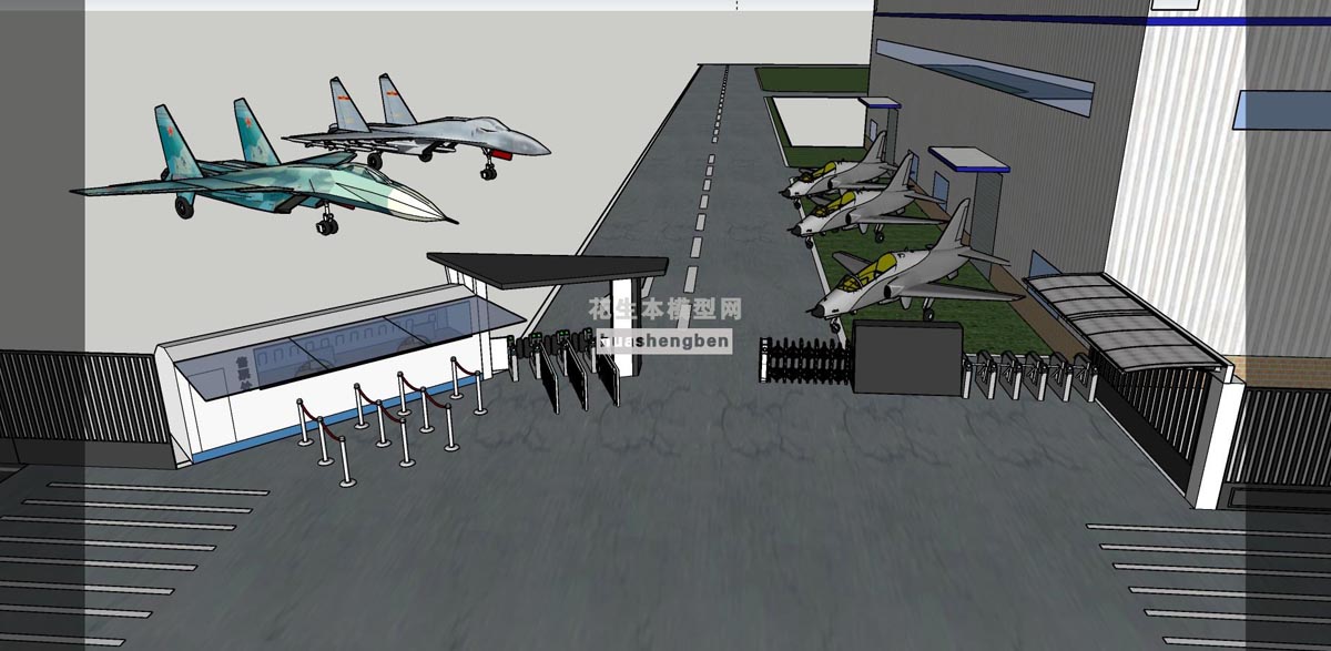 现代标准工厂战斗机制造工厂军工厂战斗机门口入口闸机su草图模型下载