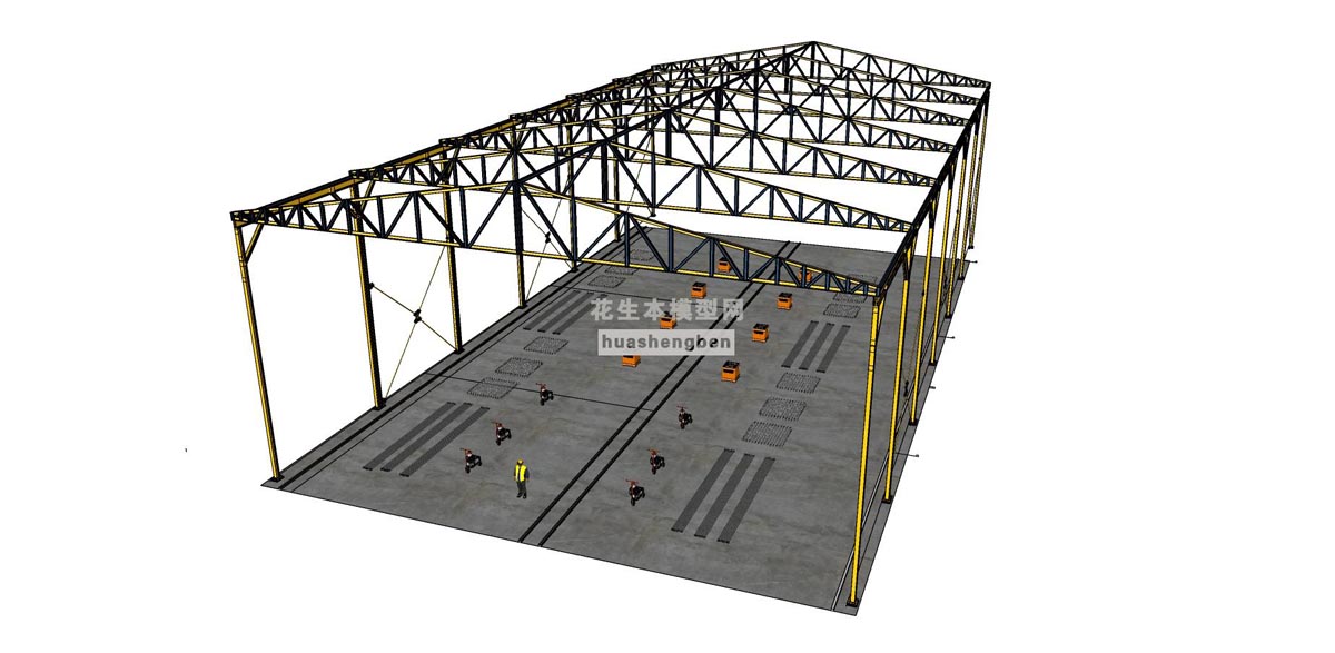 钢结构框架工业厂房标准厂房仓库水泥钢筋厂房su草图模型下载(1)