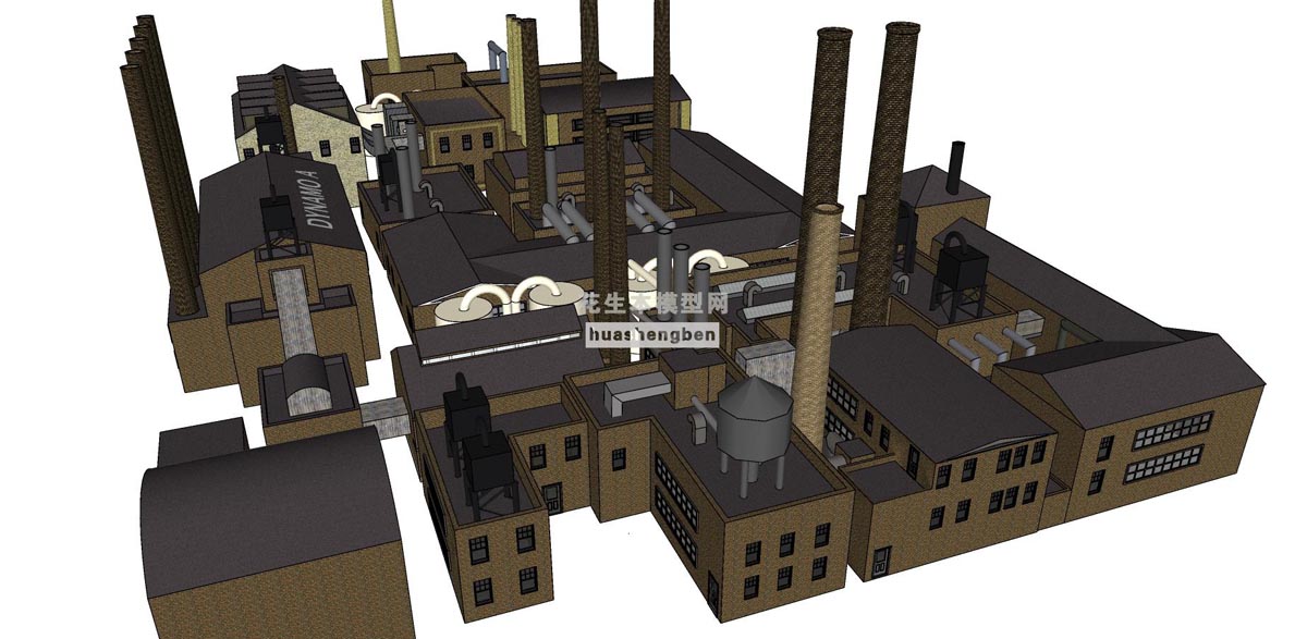 古典风格标准厂房商业展区办公楼工业园创意园产业园商业街能源基地烟囱su草图模型下载(1)