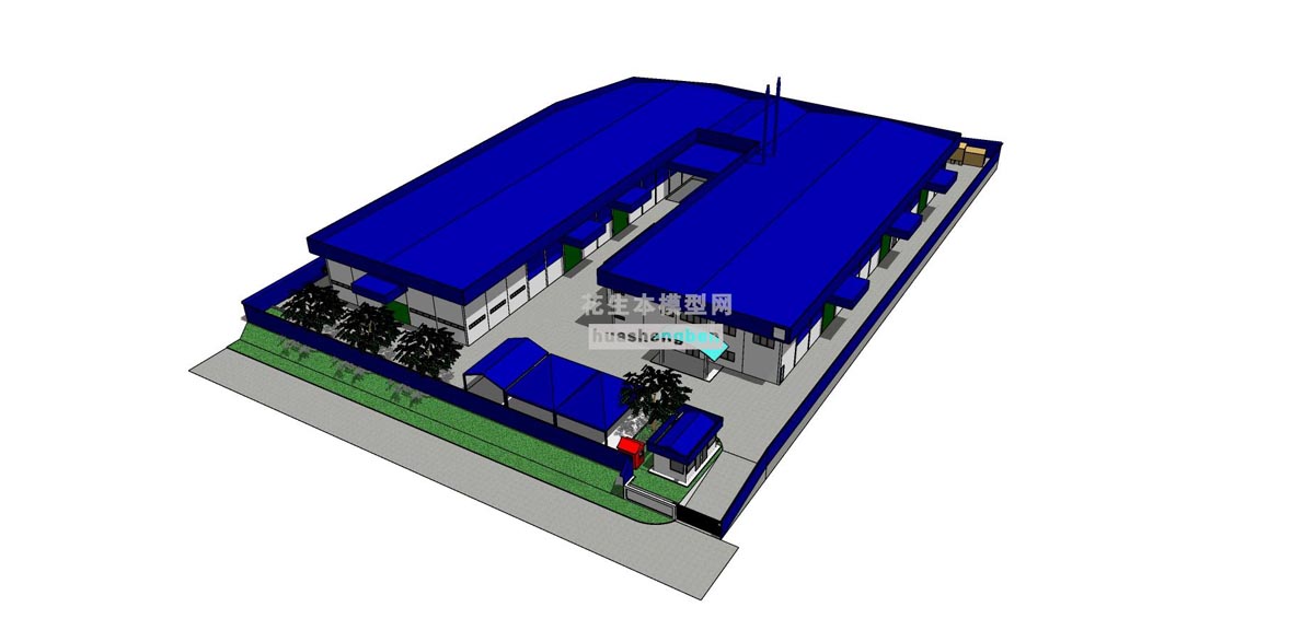 现代风格标准厂房工厂厂房仓库物流运输中心简易移动板房施工场地员工宿舍流水线厂房su草图模型下载
