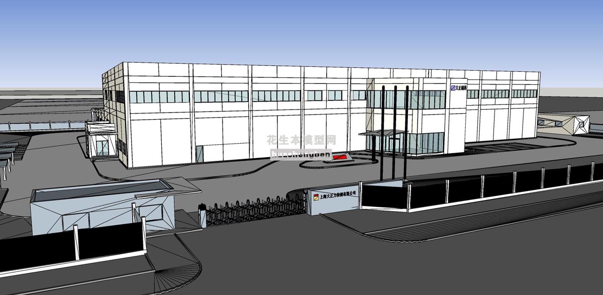 现代标准办公厂房制药工厂制药基地产业园工厂大门门头制药厂su草图模型下载(1)