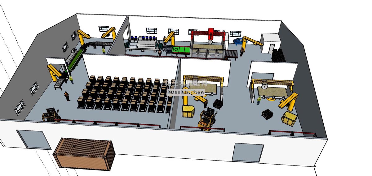 伦敦石材工厂布局机械工地机器车间自动化车间机械臂工作机器人su草图模型下载