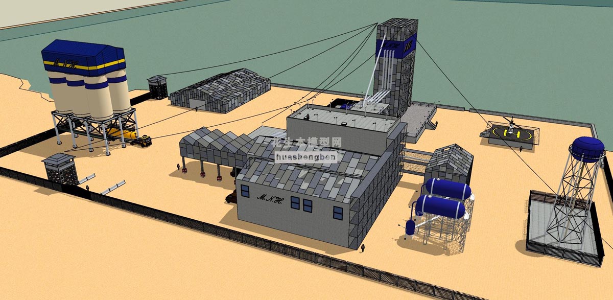 现代风格工厂工厂搅拌站混凝土搅拌站化工厂工业园产业园区冷凝罐管道简易办公室移动板房厂房su草图模型下载