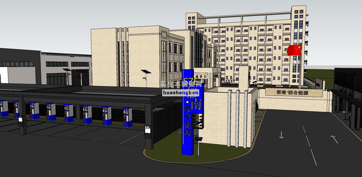 新能源厂区办公楼厂房新能源充电桩车企汽车生产工厂新能源车生产基地工业园区新能源产业园加油站设备su草图模型下载(1)