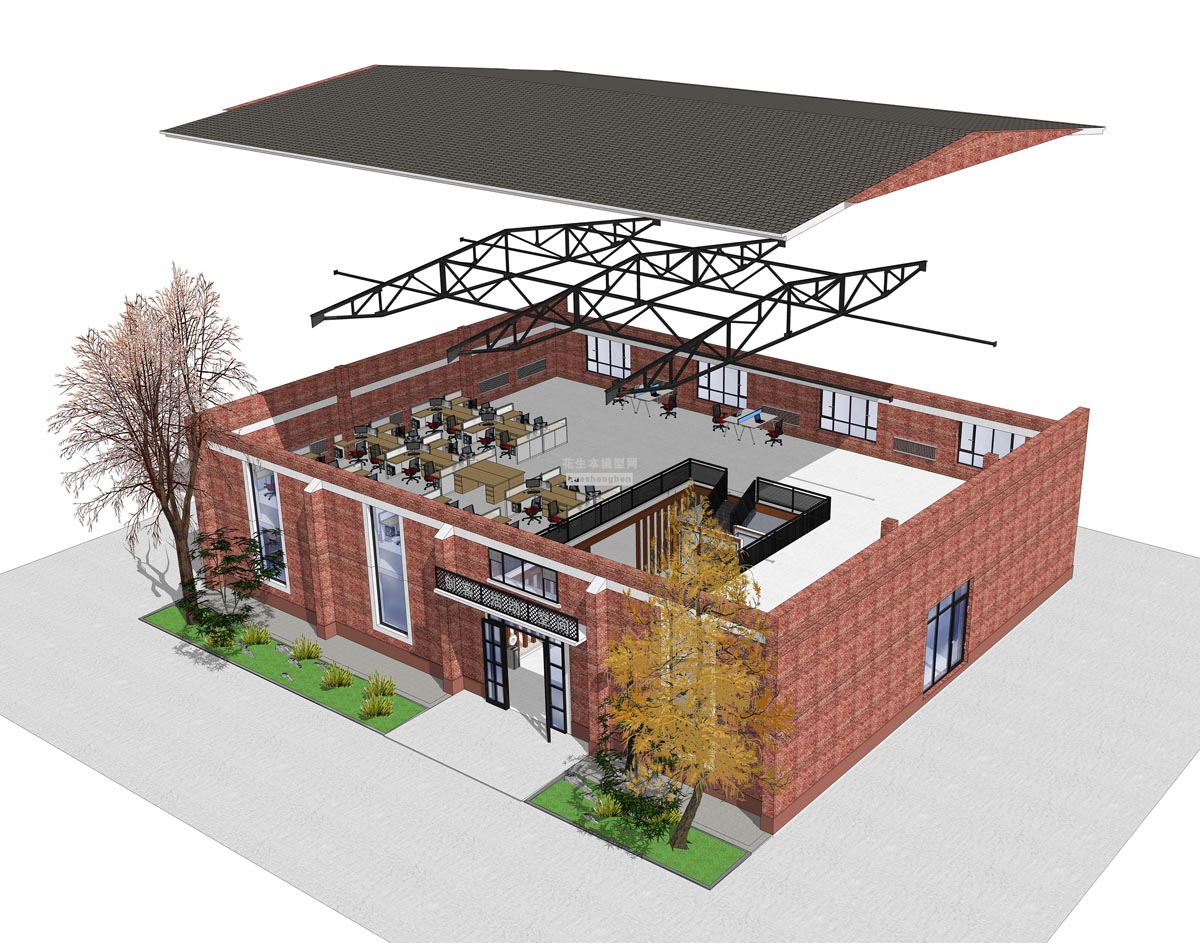 厂房钢梁办公室工业厂房loft厂房改造红砖厂房设计中心工厂办公中心su草图模型下载(1)