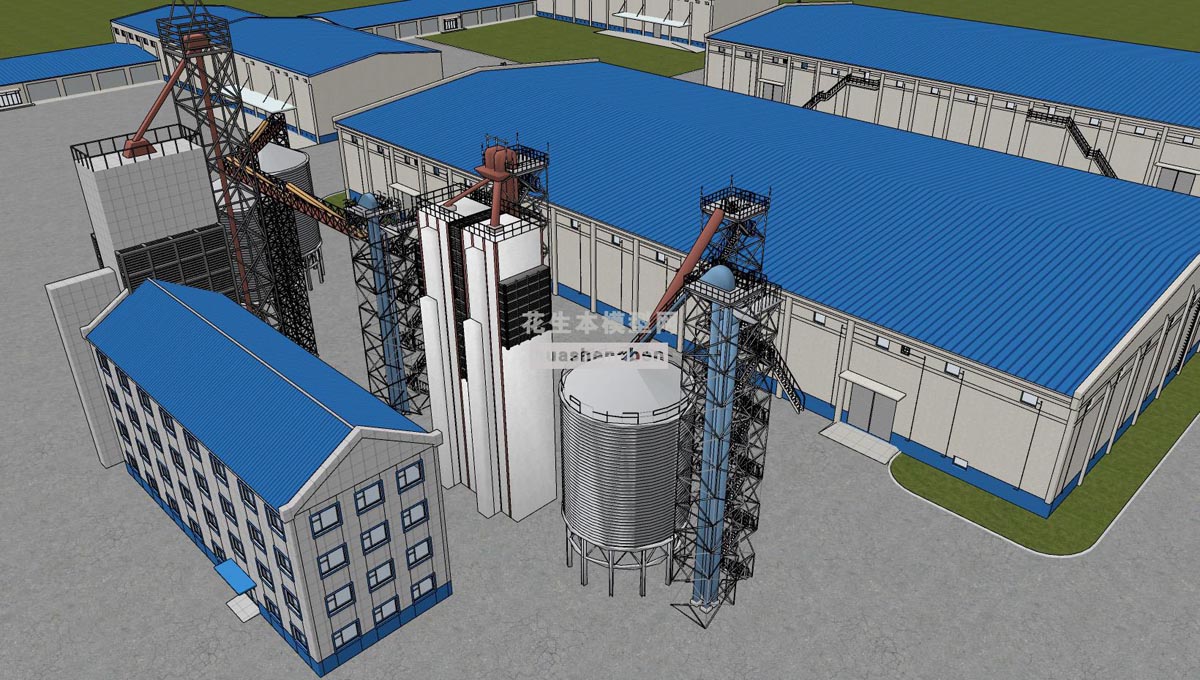 现代粮库厂房鸟瞰su草图模型下载(1)