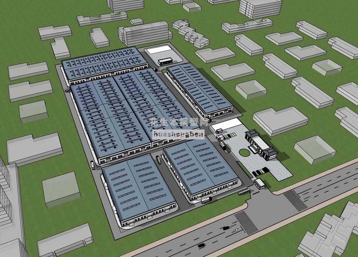 现代工业厂区厂房车间厂房库房园区规划鸟瞰su草图模型下载(1)