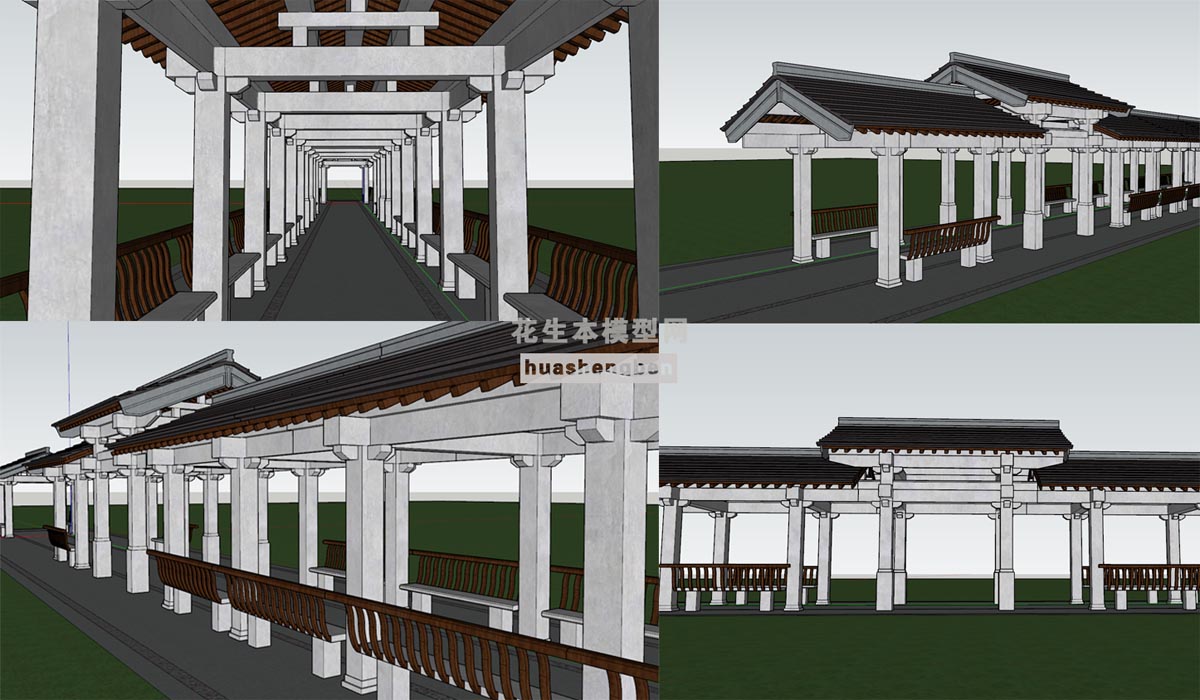 中式古建唐式风格长廊凉亭廊架长廊su草图模型下载(1)