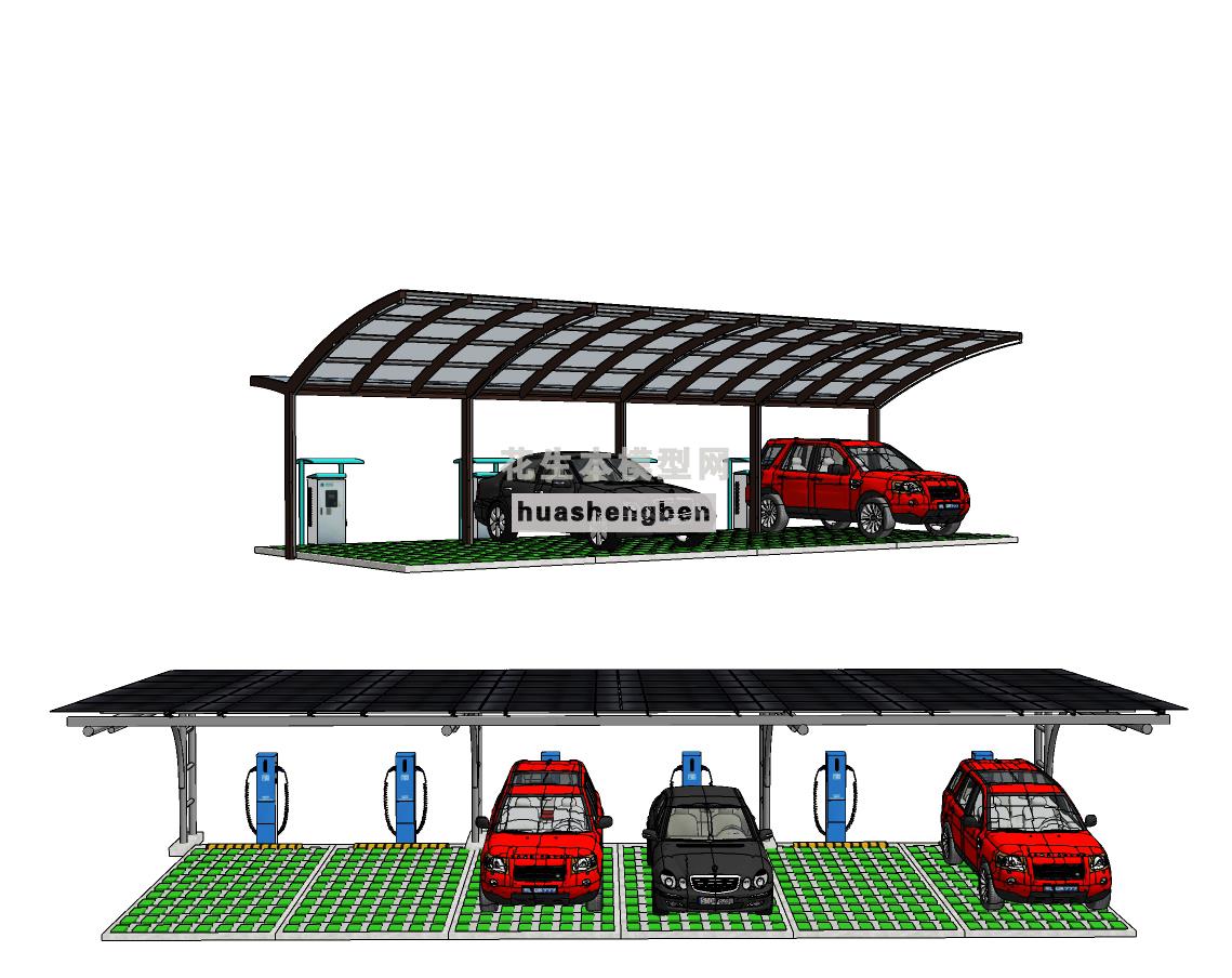 现代停车棚充电桩遮阳车棚,su草图模型下载
