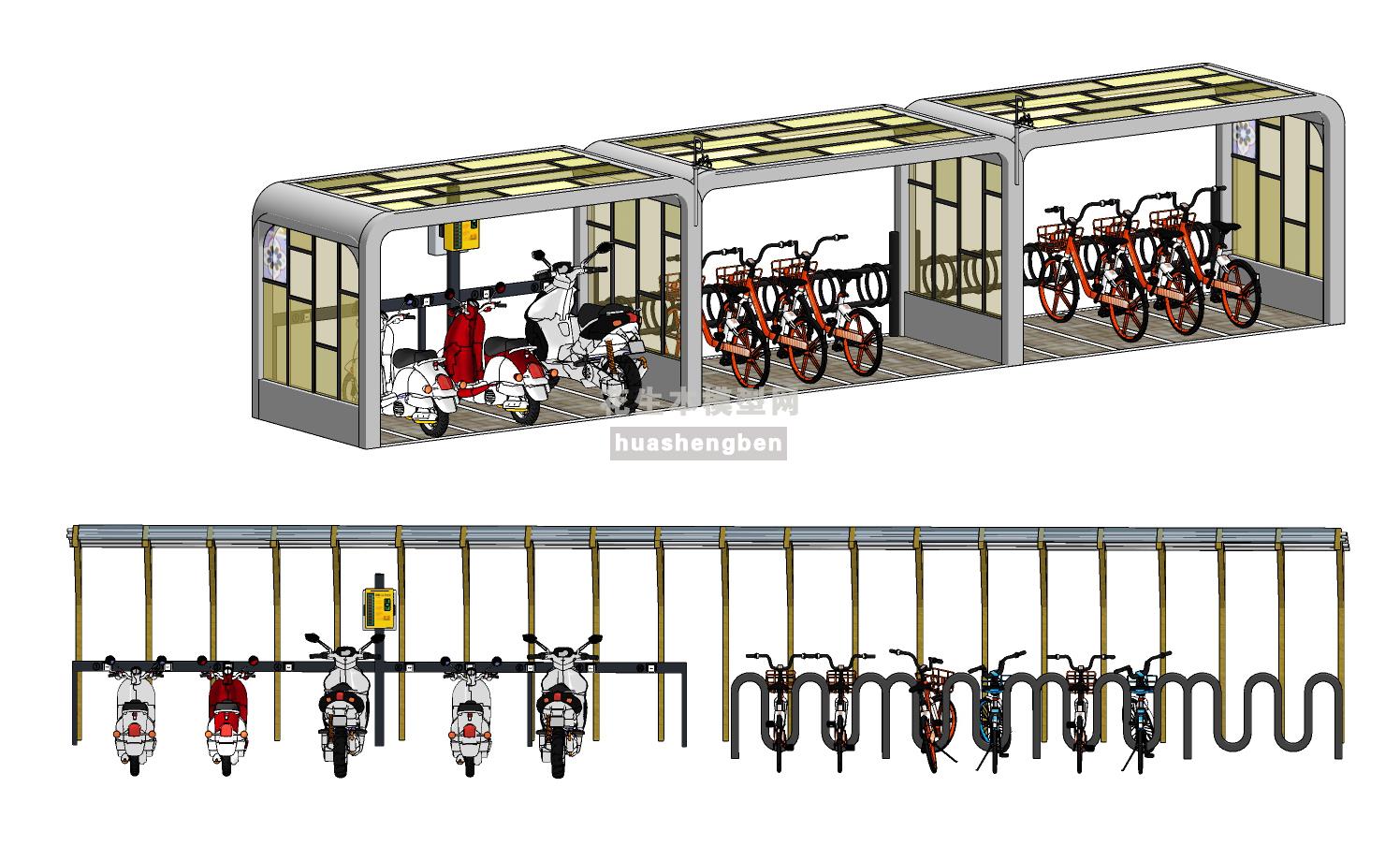现代自行车棚,停车棚su草图模型下载