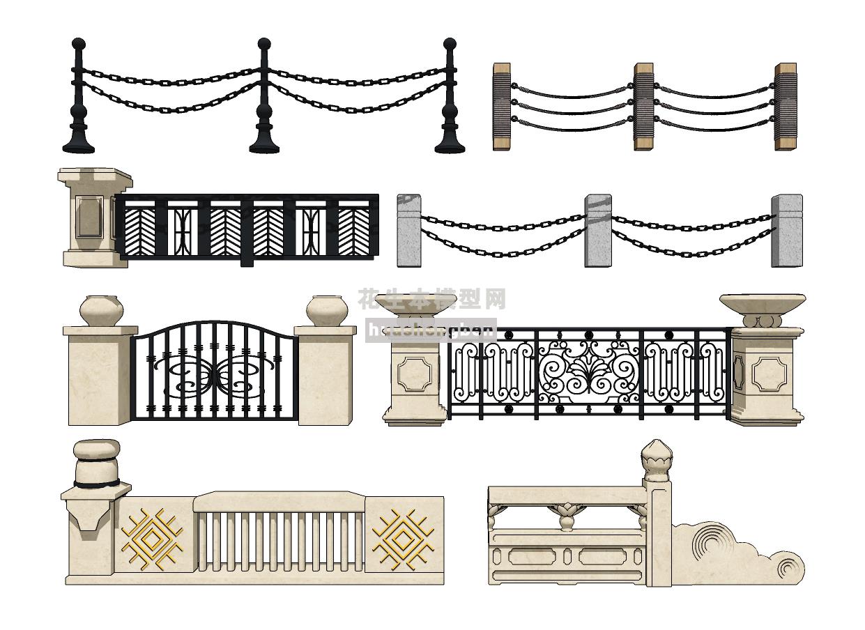 欧式围墙栏杆护栏su草图模型下载(1)