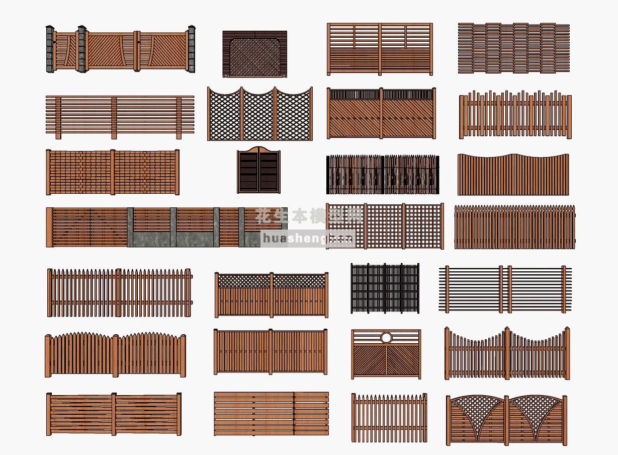 中式木围栏木护栏木篱笆0su草图模型下载(1)