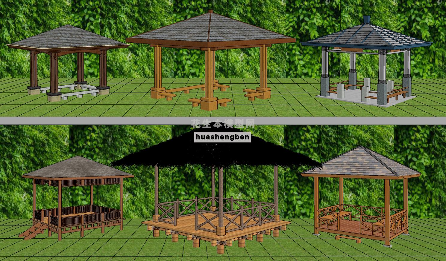 中式欧式茅草亭子户外凉亭su草图模型下载(1)