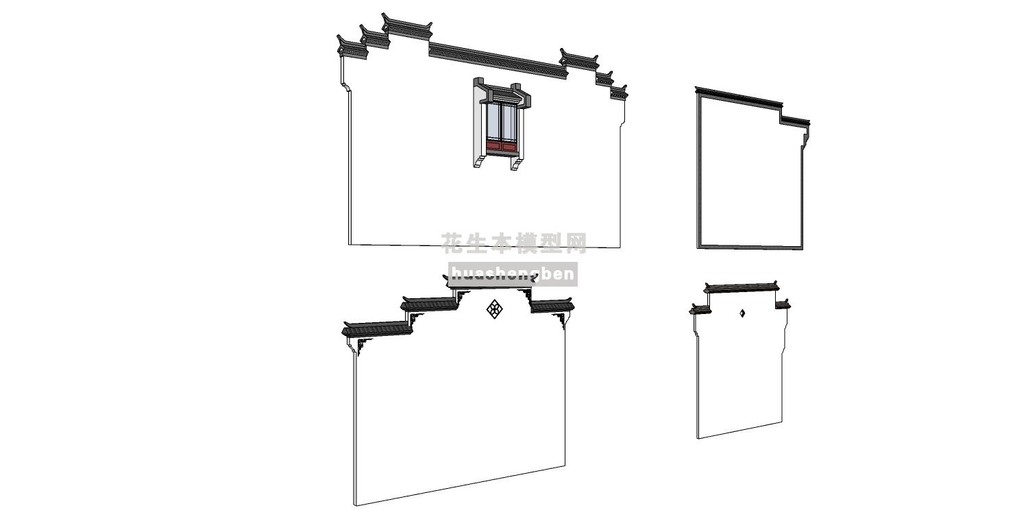 中式古典建筑徽派建筑屋檐墙檐口马头墙su草图模型下载