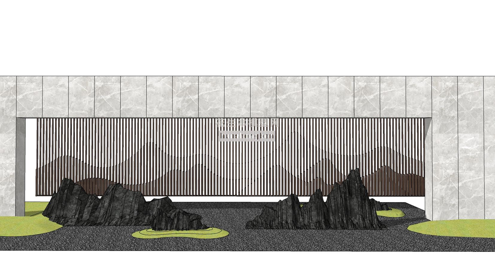 中式新亚洲金属铁艺假山石头景墙背景墙su草图模型下载(1)