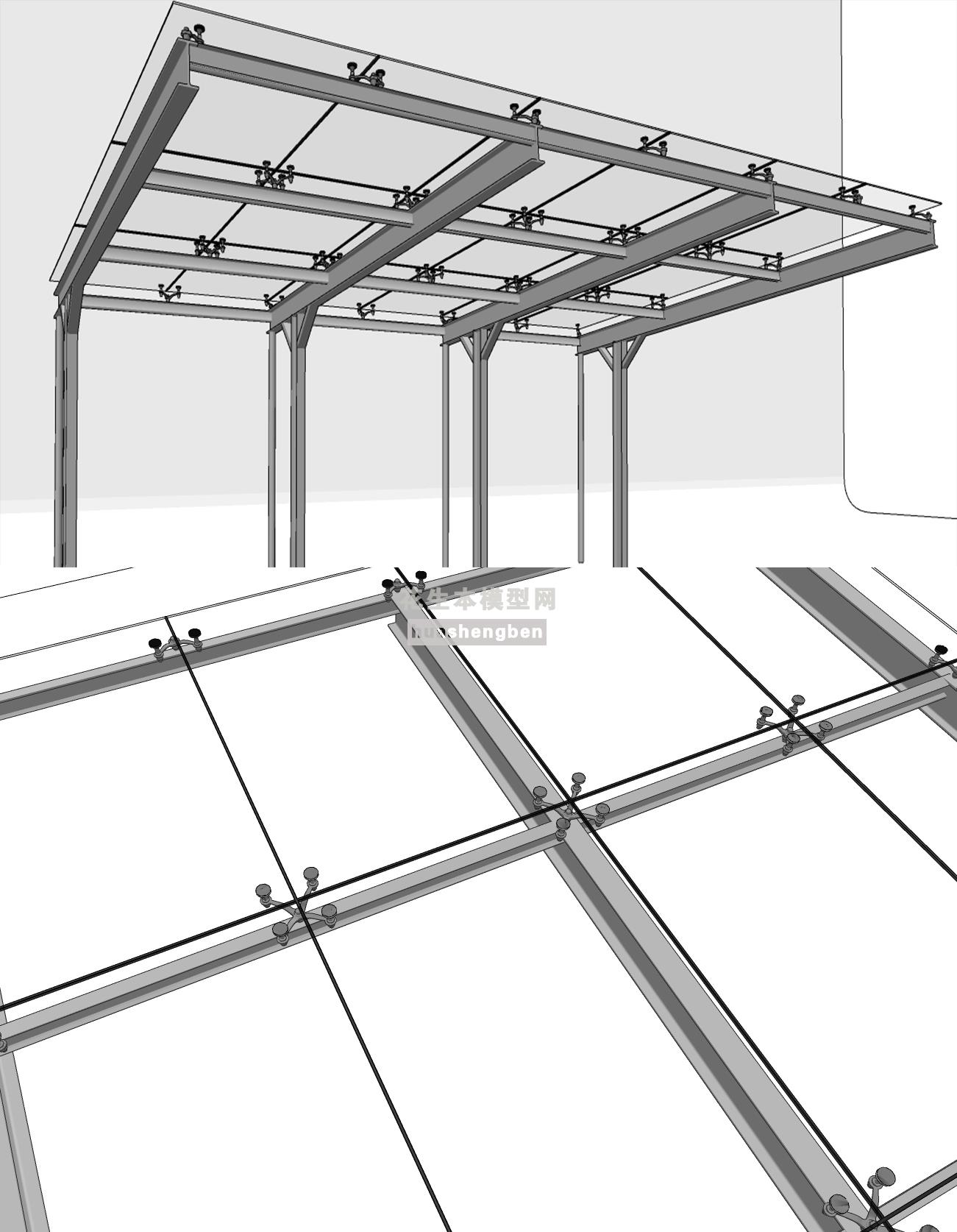 现代玻璃幕雨棚遮阳棚su草图模型下载