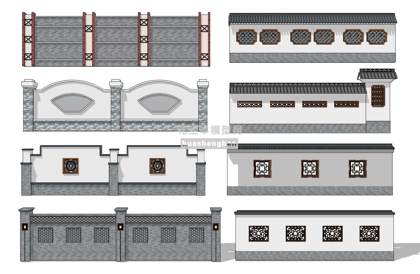 中式古建花格院墙su草图模型下载