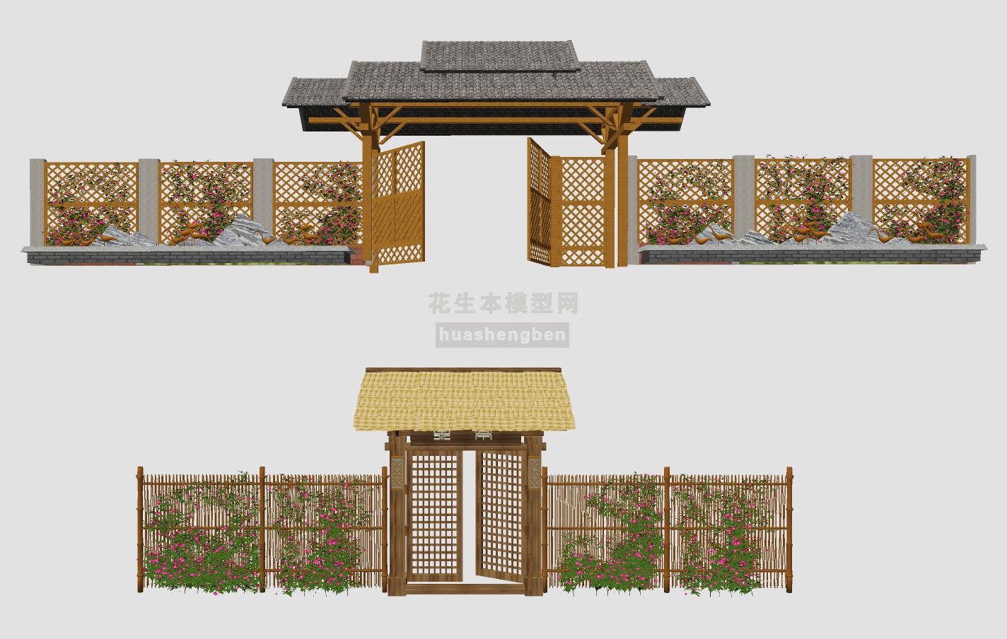 中式山庄度假村民宿牌楼牌坊门楼子大门su草图模型下载(1)