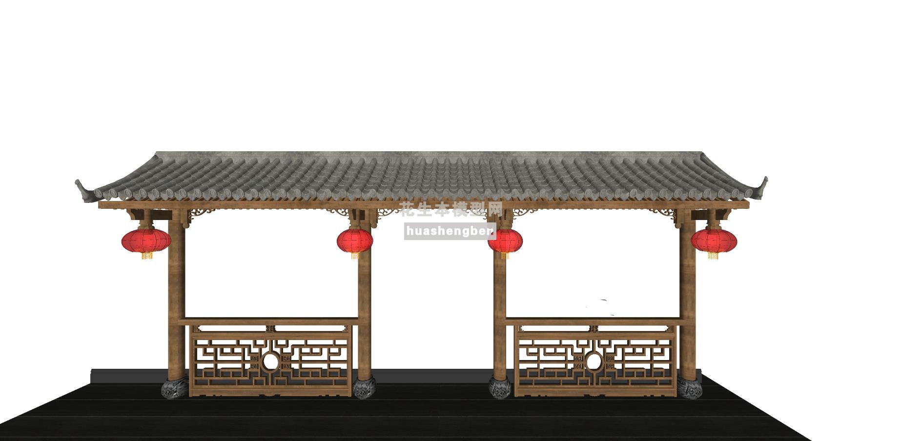 中式连廊立面中式门头立面雕花瓦片灯笼su草图模型下载(1)