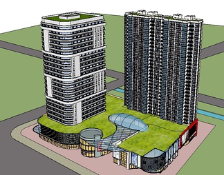 商业双栋高层综合体su免费模型下载(1)